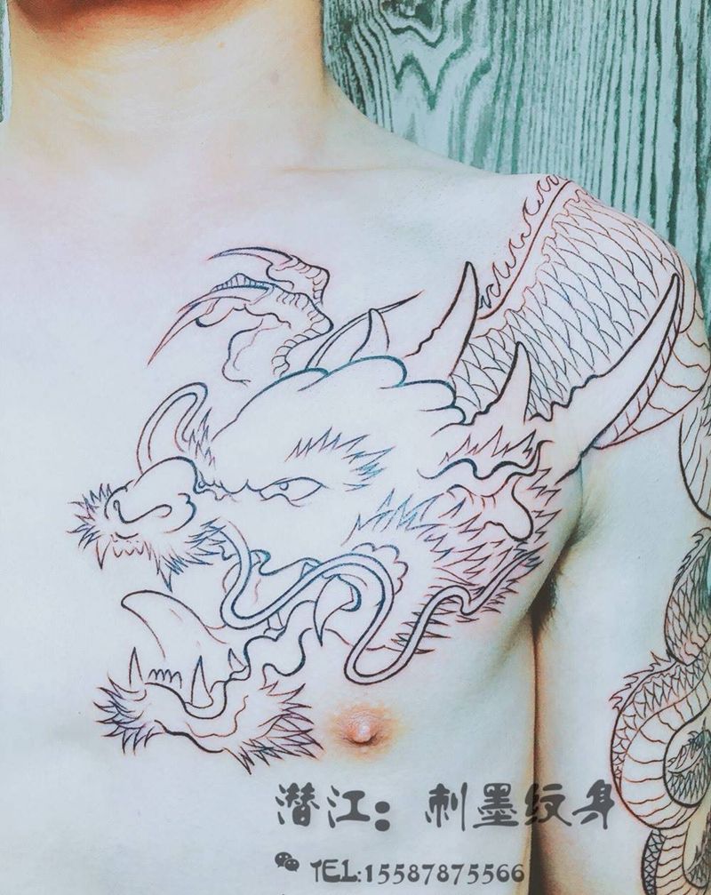 过肩龙线条纹身图片