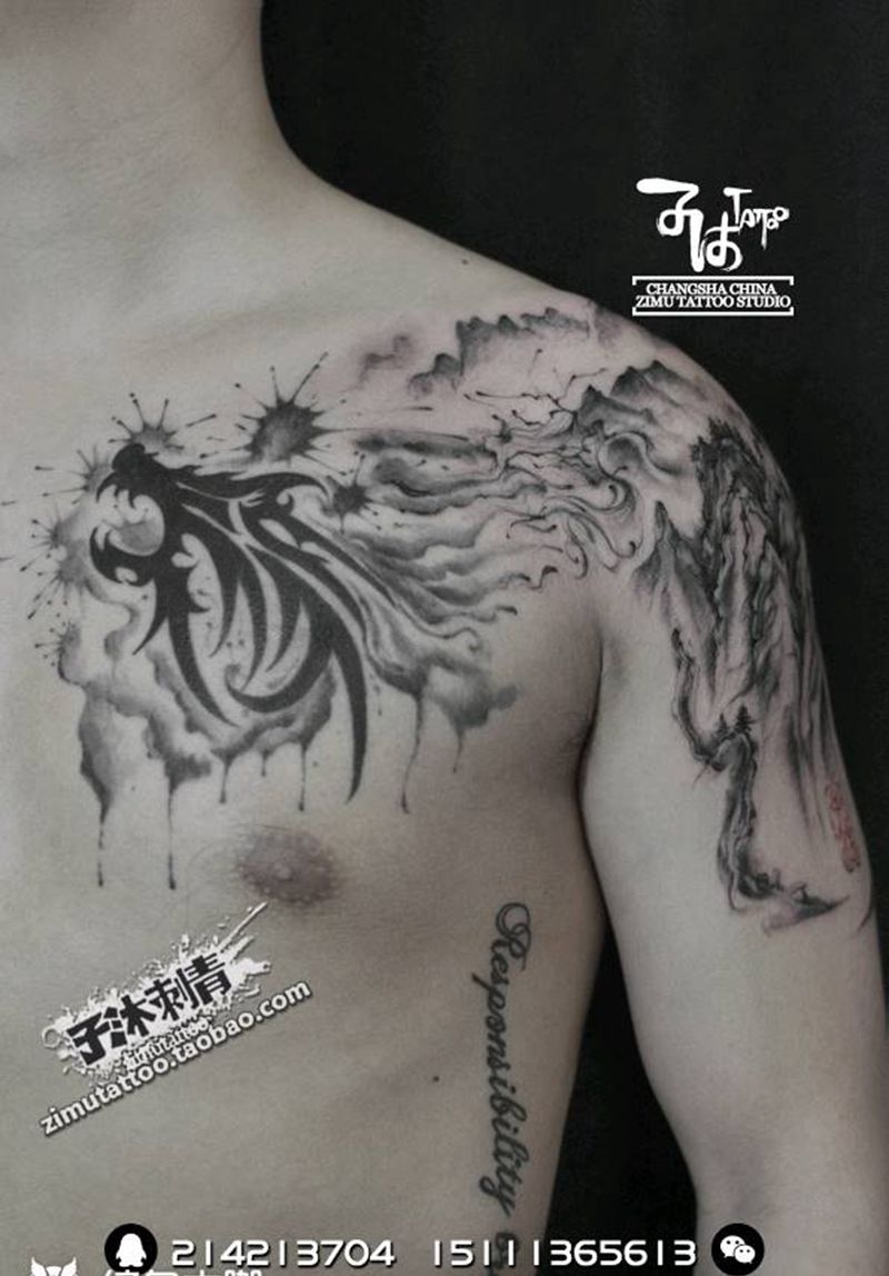 耗时4.2  大臂山水纹身图片_国画泼墨成品纹身图案