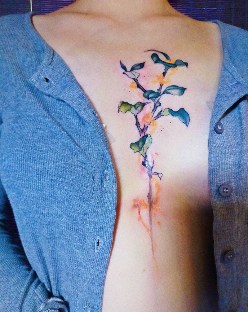 伤疤遮盖纹身图片_胸部水彩新传统小花纹身图案