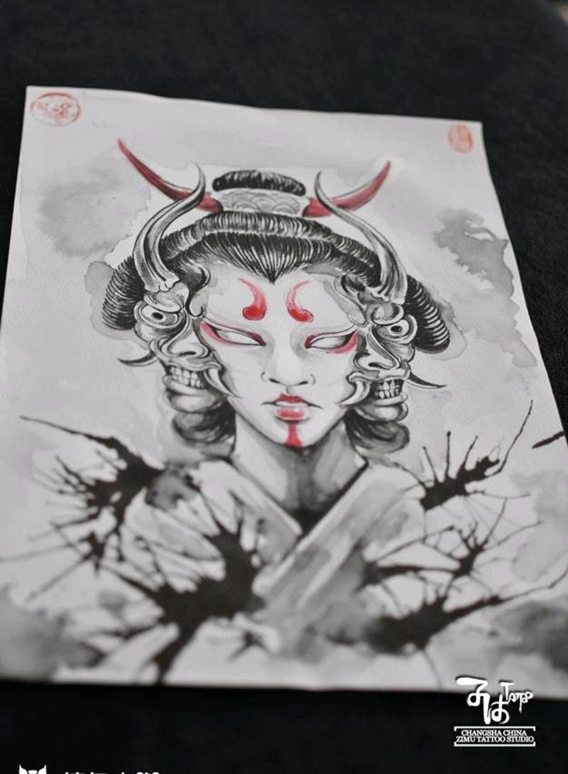 三面纹身图片_水墨纹身图案