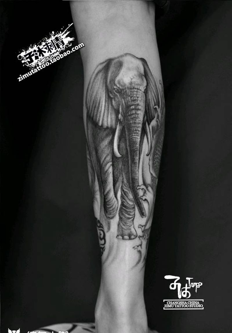 小腿后侧 大象完成  包小腿完纹身图片_腿部欧美写实纹身图案