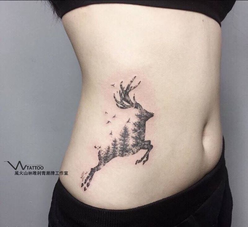 鹿纹身图片_腰部成品清新动物荆州唯刺青纹身图案