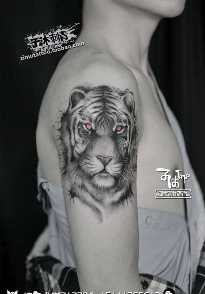 虎泼墨中国风大臂抽象写意纹身图片_原创泼墨成品纹身图案