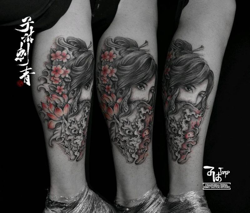 艺伎美人艺妓般若骷髅鬼头女纹身图片_腿部新传统纹身图案