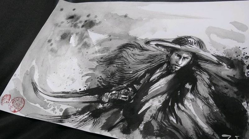 侠客中国风手稿泼墨水墨抽象纹身图片_水墨水彩纹身图案