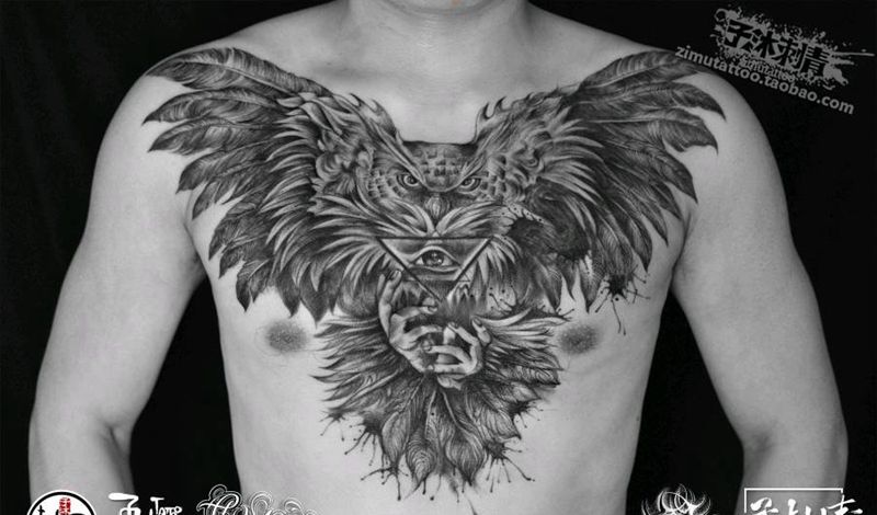 遮盖修改 泼墨胸口猫头鹰眼睛纹身图片_水墨纹身图案