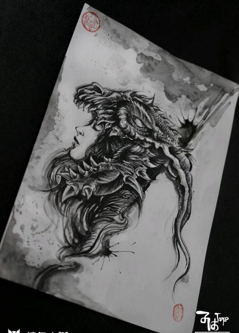龙少女 泼墨涂鸦 原创手稿纹身图片_水墨新传统纹身图案