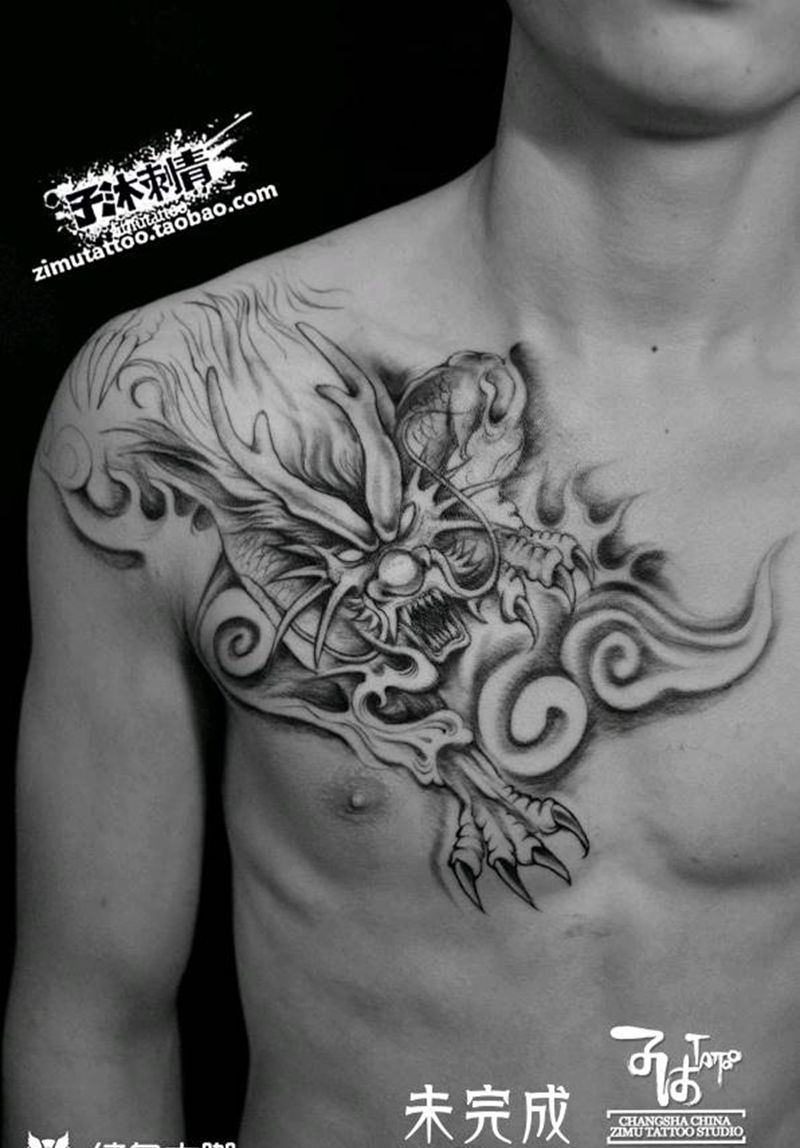 恶凶神兽过肩卧 烈焰滕云见日开纹身图片