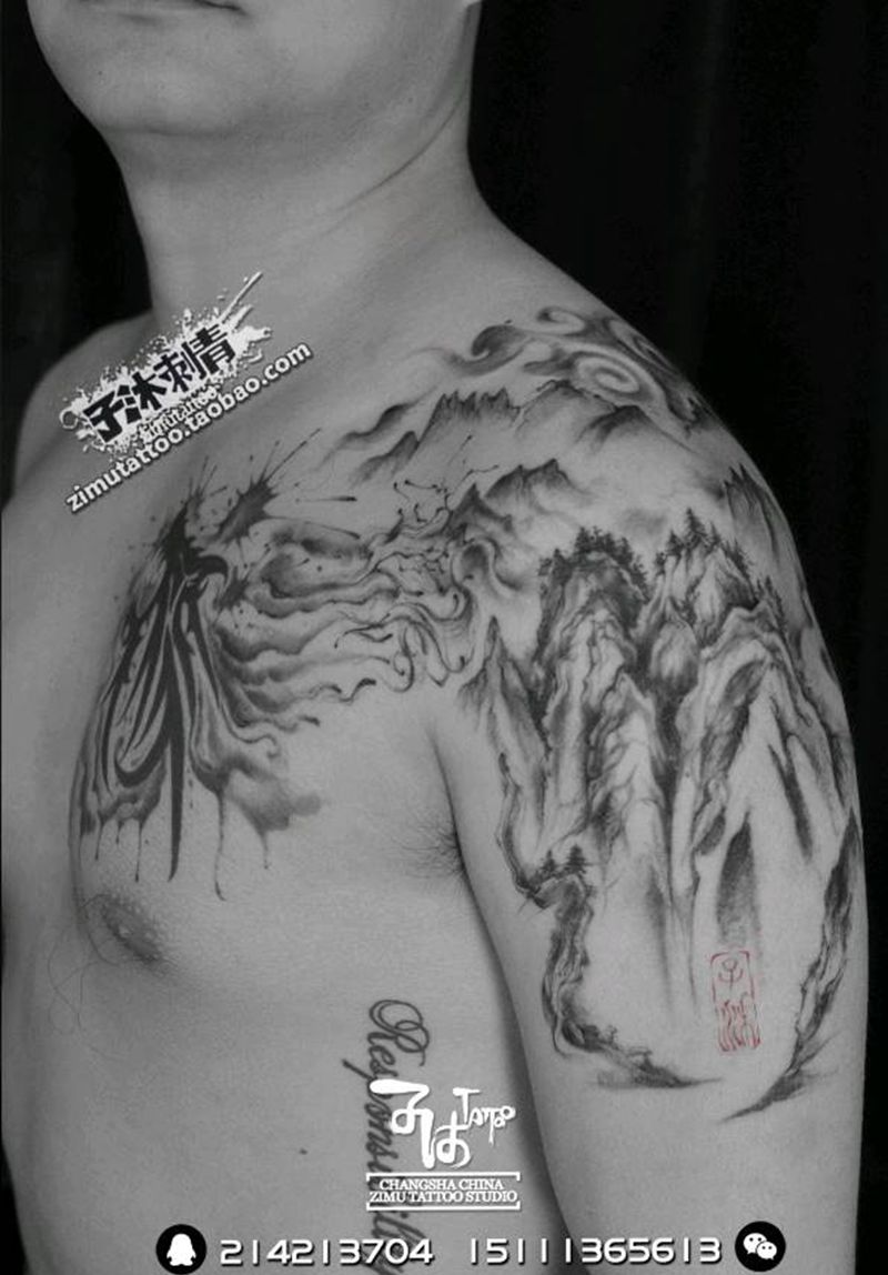 耗时不详 半甲水墨山水纹身图片_成品纹身图案