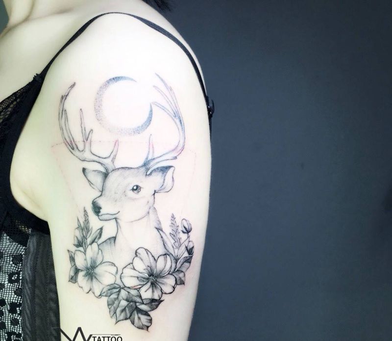 鹿纹身图片_成品手臂清新动物荆州唯刺青纹身图案