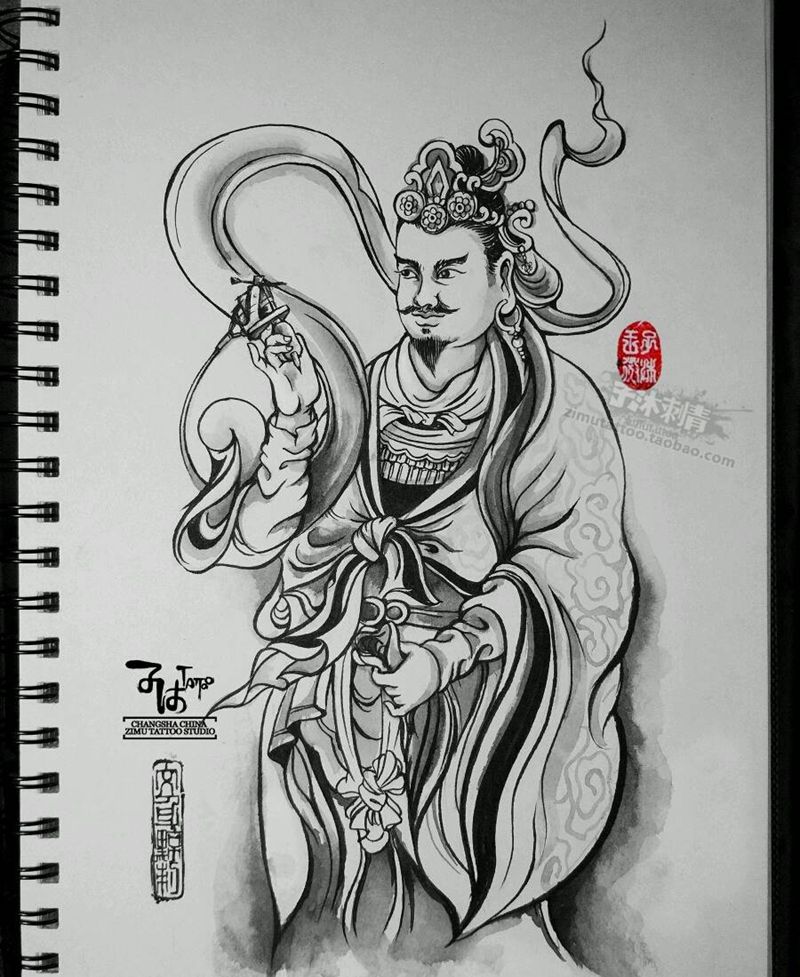 玩穿越  壁画 神仙图纹身图片_人物鬼神手稿插画纹身图案