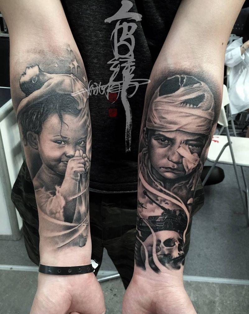 战火作品恢复以后纹身图片_手臂手部欧美写实人物纹身图案