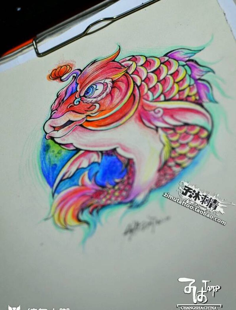 大红鲤纹身图片_动物手稿纹身图案