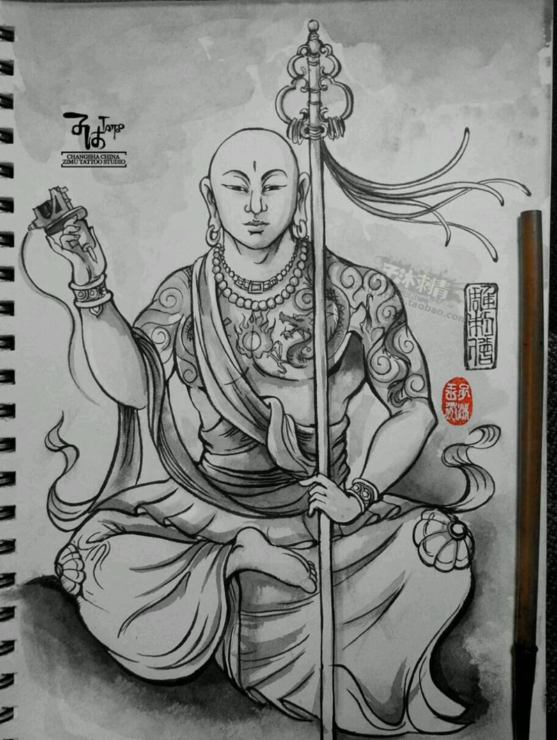 雕刺僧 神仙图工笔线条 确实纹身图片_手稿插画纹身图案