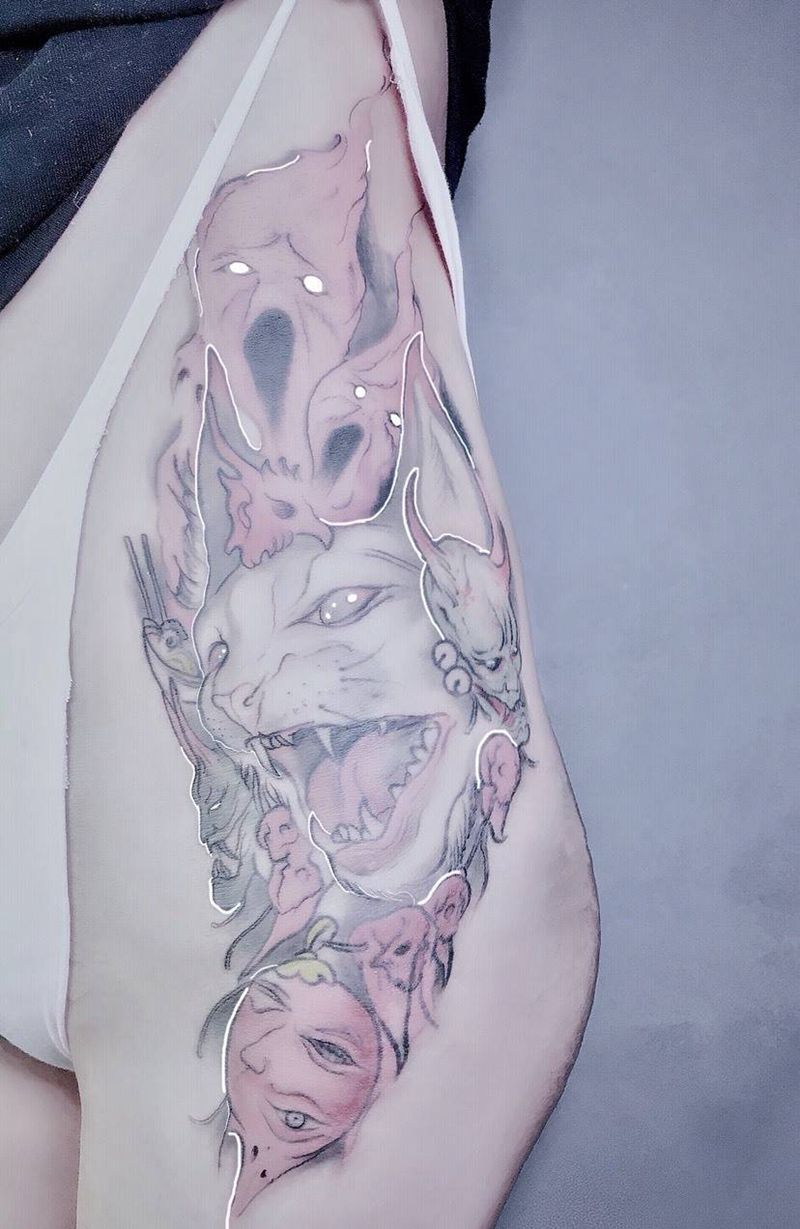 猫妖纹身图片_成品腰部欧美动物荆州唯刺青纹身图案