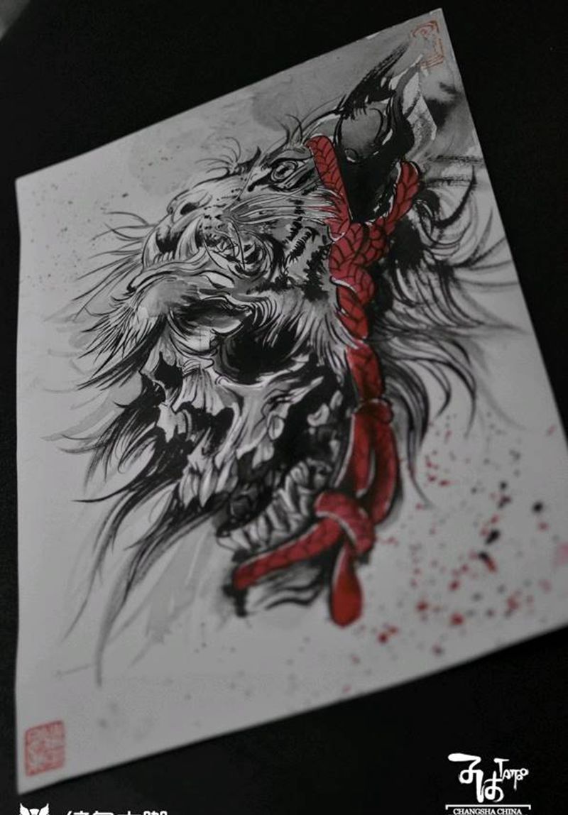 我的泼墨手稿……双头虎符纹身图片_新传统水墨纹身图案