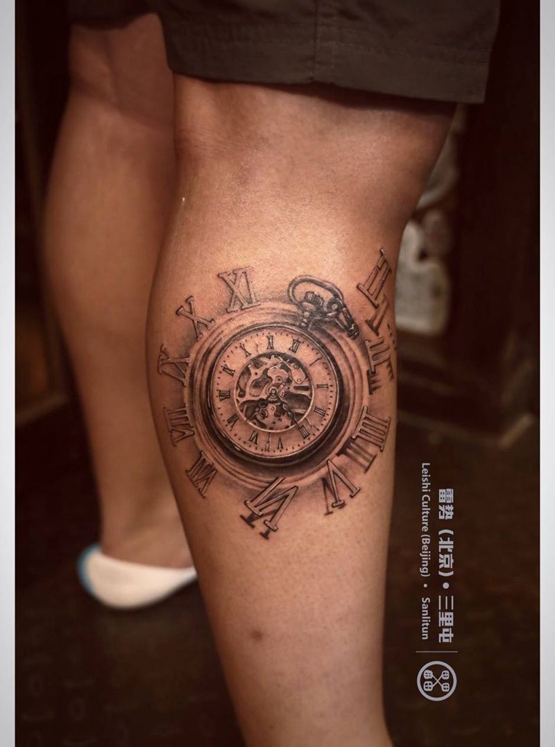 时间纹身图片_欧美原创腿部纹身图案