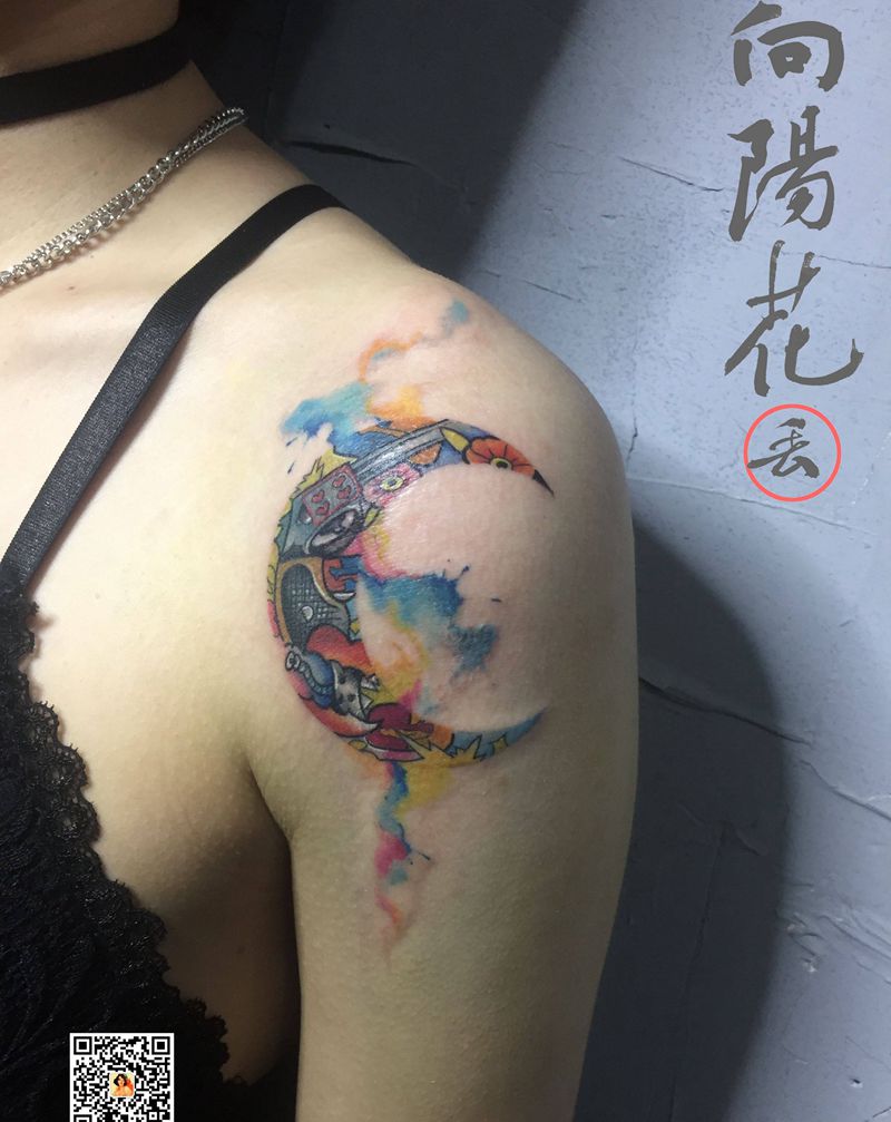 代表月亮消灭你纹身图片_手臂水彩月亮彩虹纹身图案