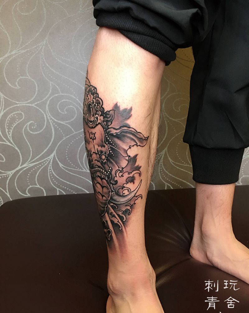 小腿象神纹身图片_腿部新传统纹身图案