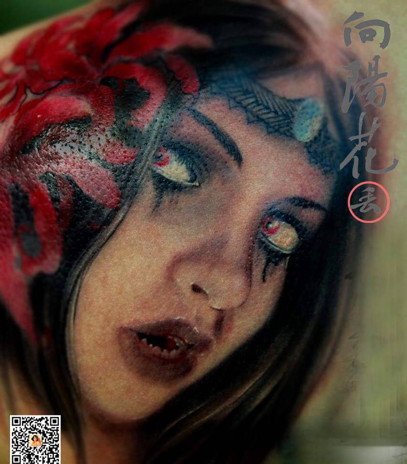 吸血女皇纹身图片_肩部欧美写实吸血鬼纹身图案