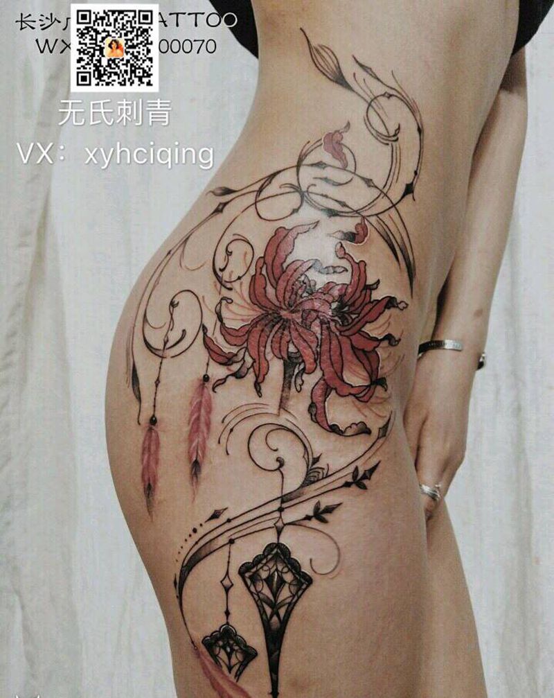 窈窕纹身图片_腿部腰部图腾彼岸花花藤纹身图案