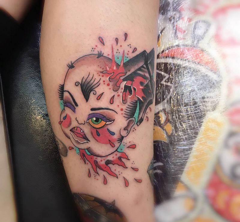 达摩纹身图片_腿部Old School达摩纹身图案