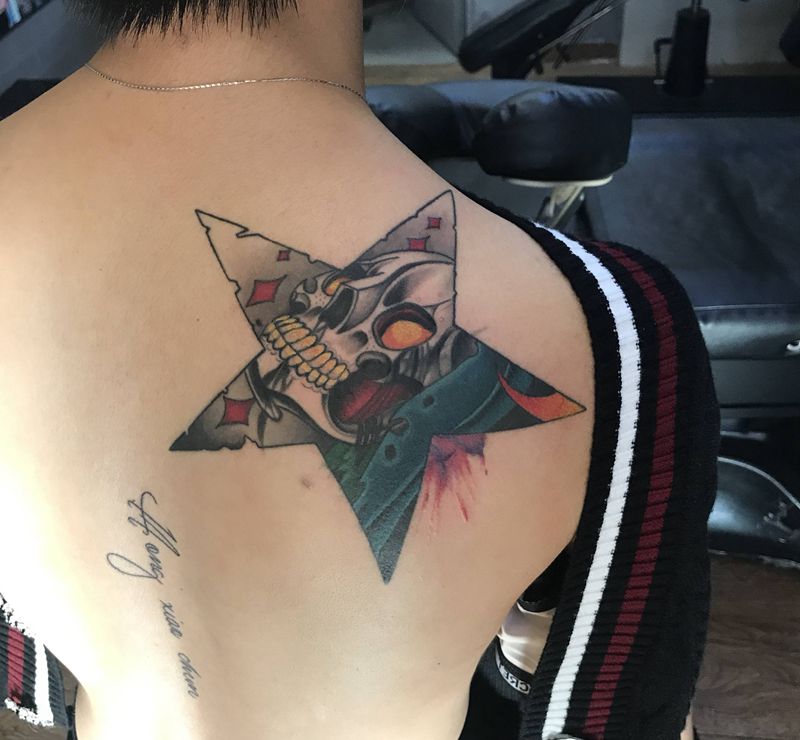 ☠️纹身图片_肩部New School水彩骷髅纹身图案