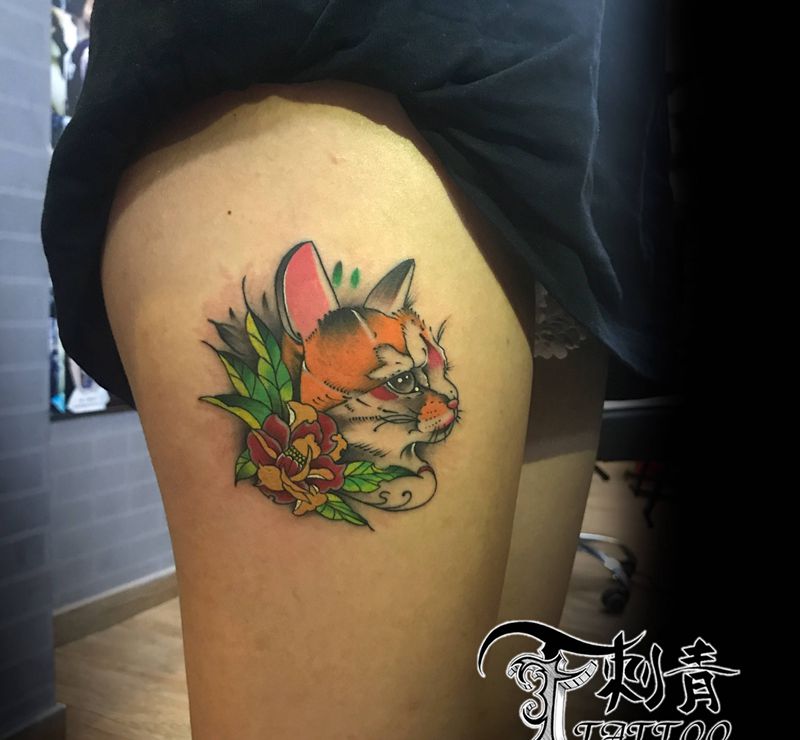 猫纹身图片_腿部New School猫纹身图案