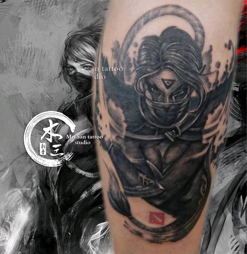 dota 圣堂刺客纹身图片_腿部欧美写实纹身图案