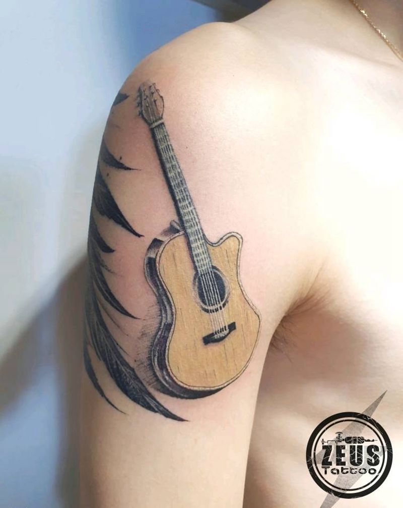 一把吉他纹身图片_手臂New School吉他纹身图案