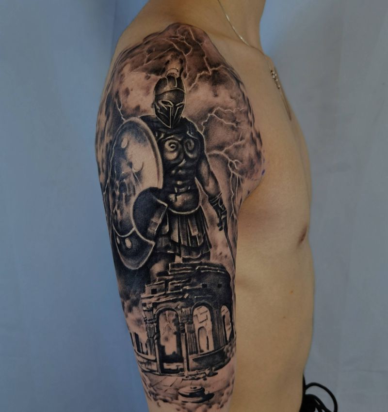 斯巴达 神庙 写实纹身图片_手臂欧美写实纹身图案