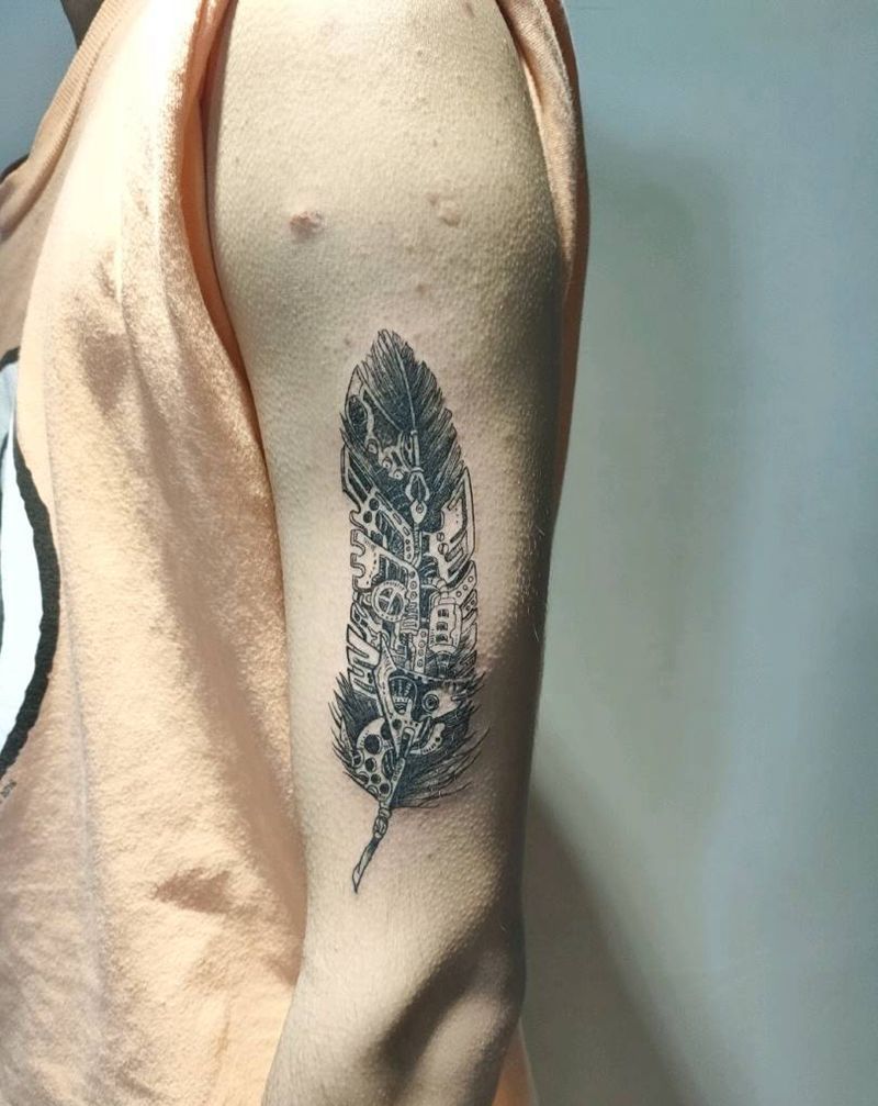 机械羽毛纹身图片_手臂点刺New School机械羽毛蒸汽朋克纹身图案