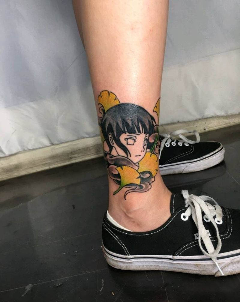 银杏叶儿纹身图片_腿部新传统纹身图案