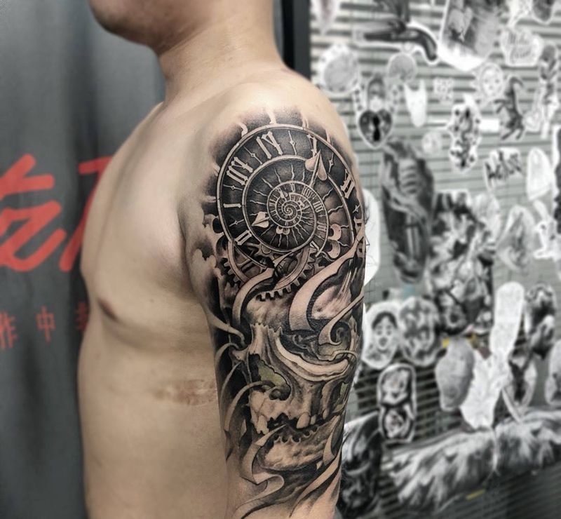 时间骷髅纹身图片_欧美写实纹身图案