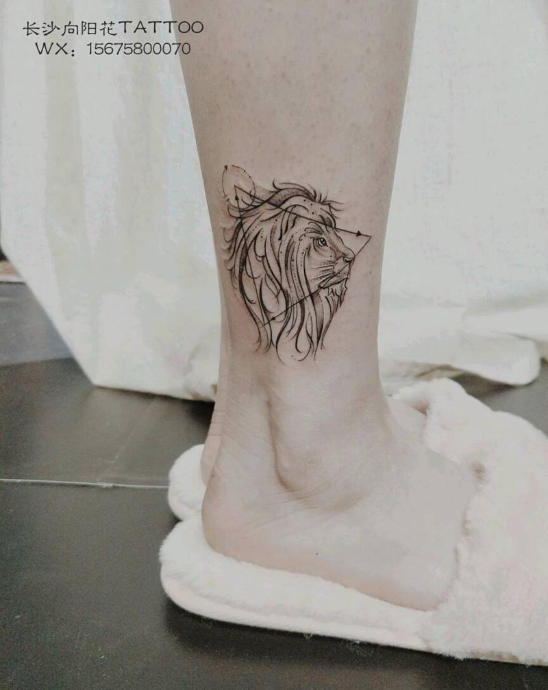 狮子纹身图片_腿部图腾线条纹身图案