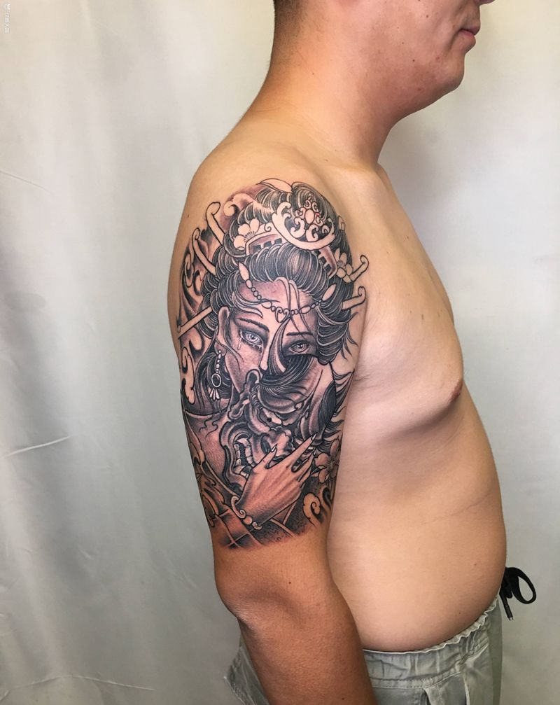 艺妓和般若面具纹身图片_手臂纹身图案