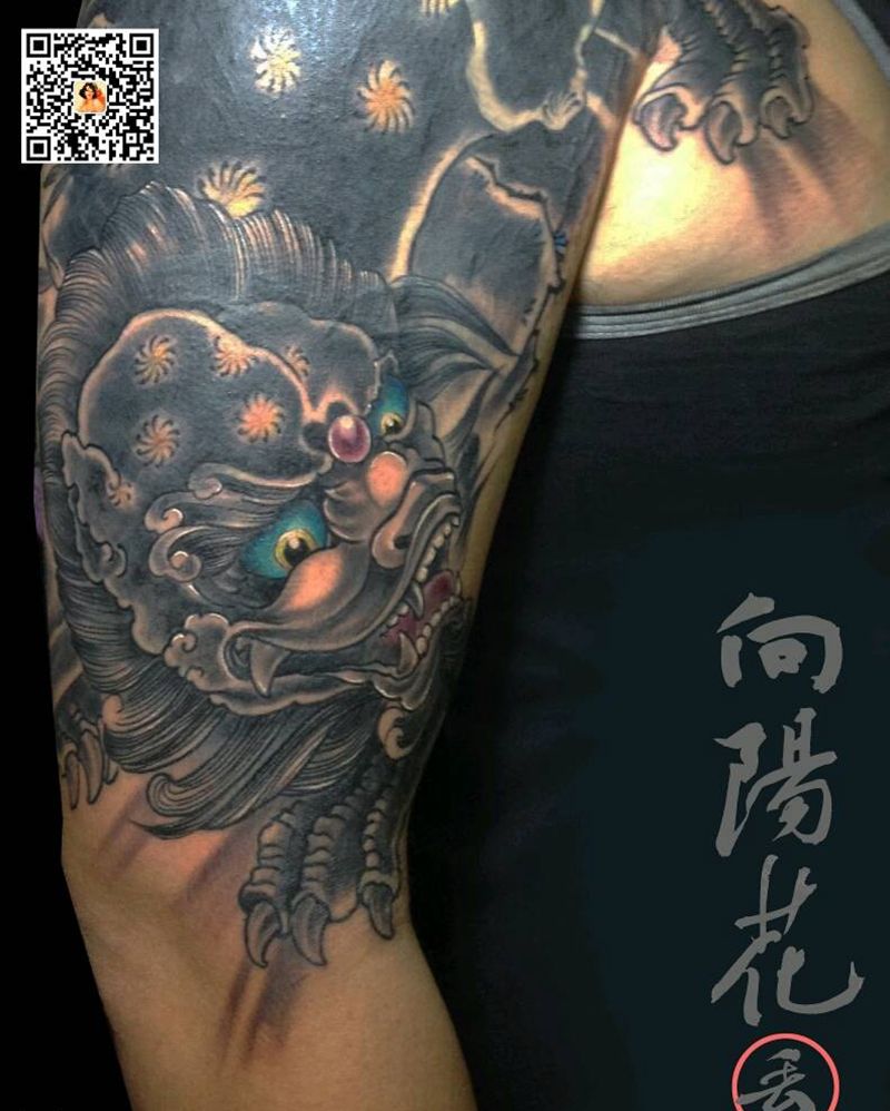 唐狮纹身图片_手臂老传统唐狮纹身图案