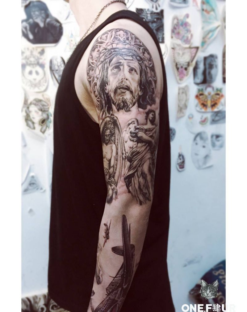 花臂完纹身图片_欧美写实人物纹身图案