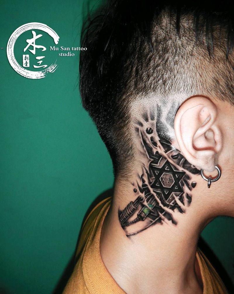 旧图修改 ⚙赛博朋克机械纹身图片_颈部欧美写实机械修改遮盖纹身图案