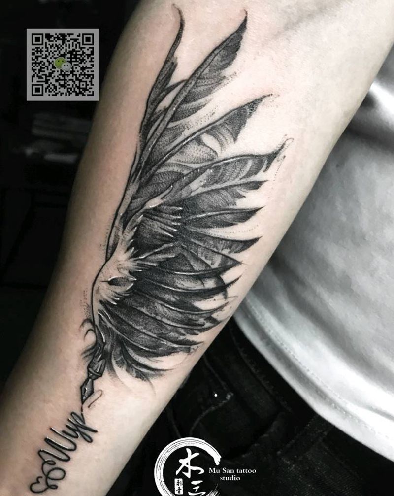 翅膀 点刺 姓名纹身图片