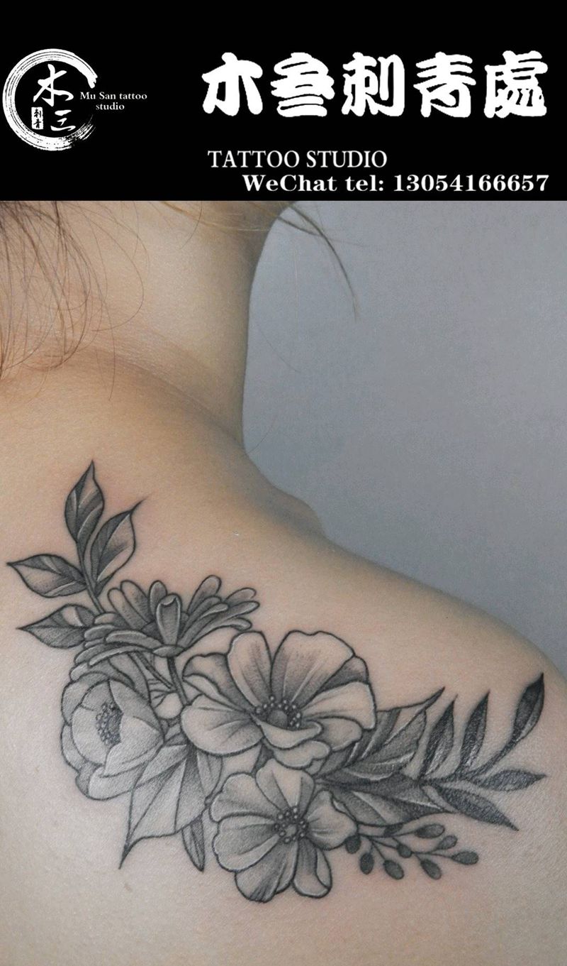 素花1.5h纹身图片_肩部纹身图案