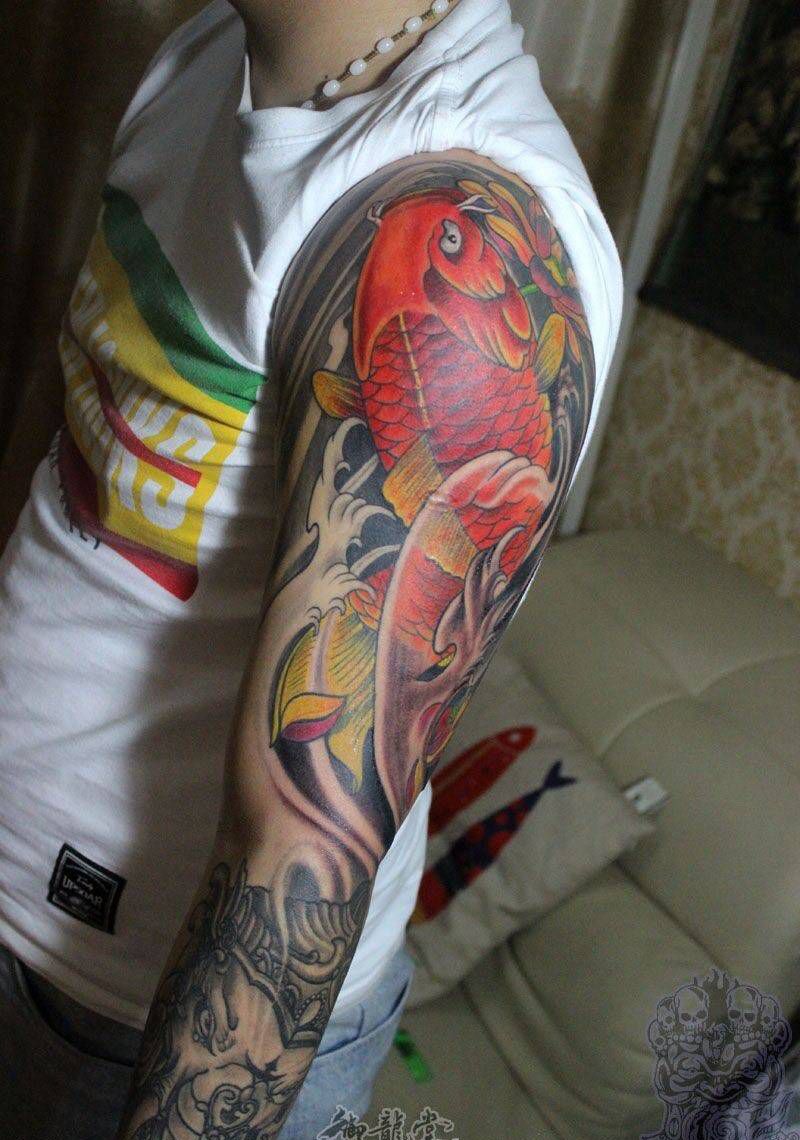 鲤鱼象神花臂纹身图片_成品手臂传统纹身图案