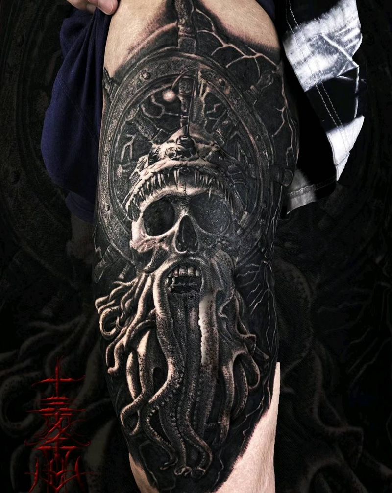 大腿写实骷髅克苏鲁纹身图片_腿部欧美写实纹身图案