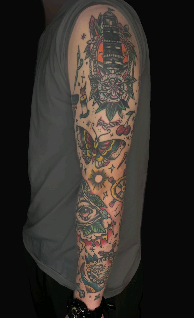 拼接花臂纹身图片_手臂新传统老传统纹身图案