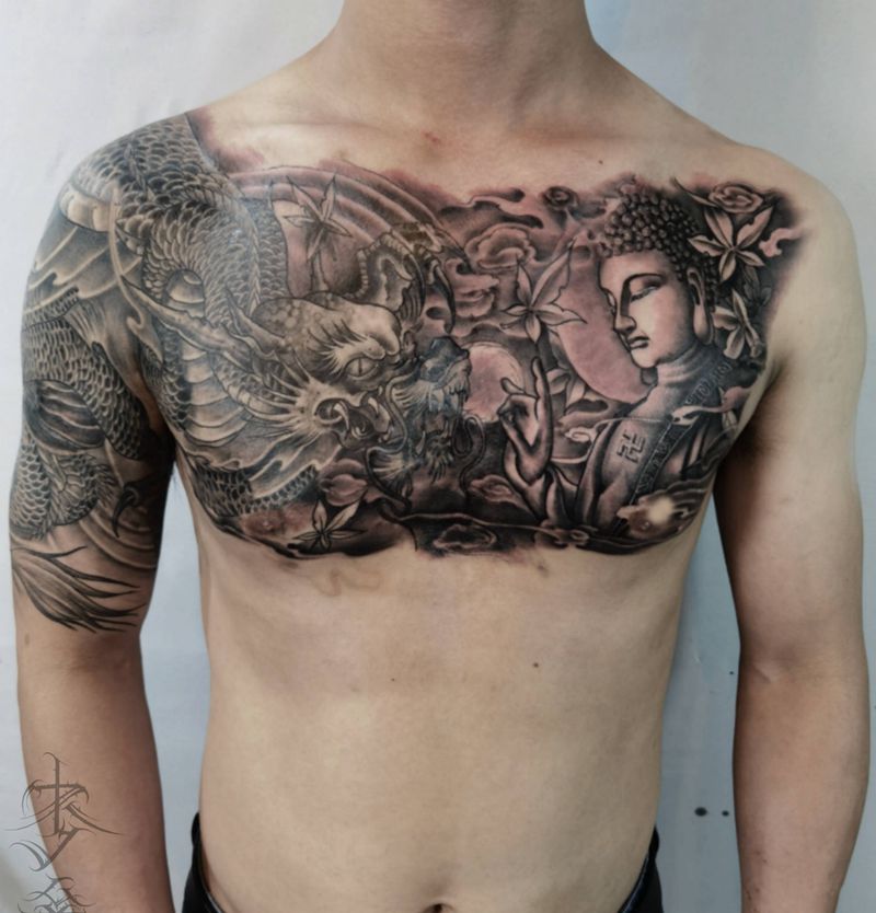 花胸龙佛半甲纹身图片_新传统纹身图案