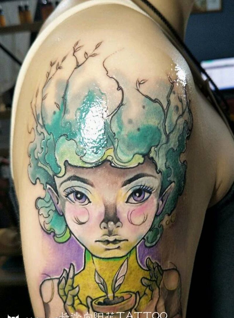 精灵纹身图片_手臂水彩精灵纹身图案