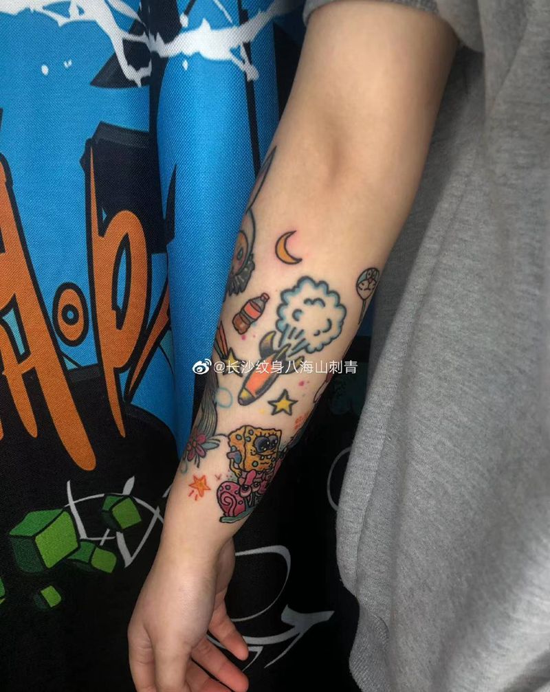 拼接手臂纹身图片_New School纹身图案