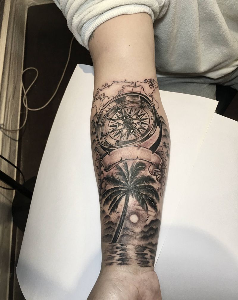 椰子树罗盘纹身图片_手部纹身图案
