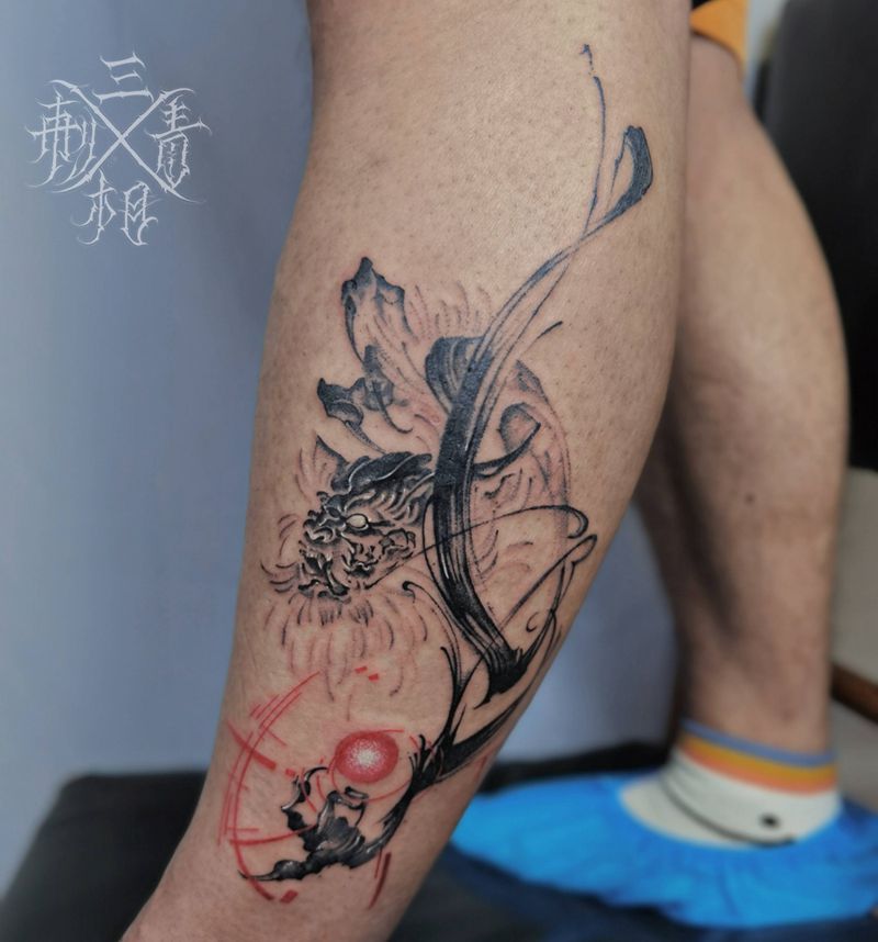 水墨小图 2.5h纹身图片_腿部水墨纹身图案