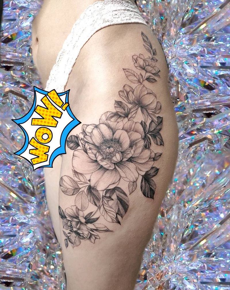 大腿素花（5小时，未完成）纹身图片_腿部点刺纹身图案